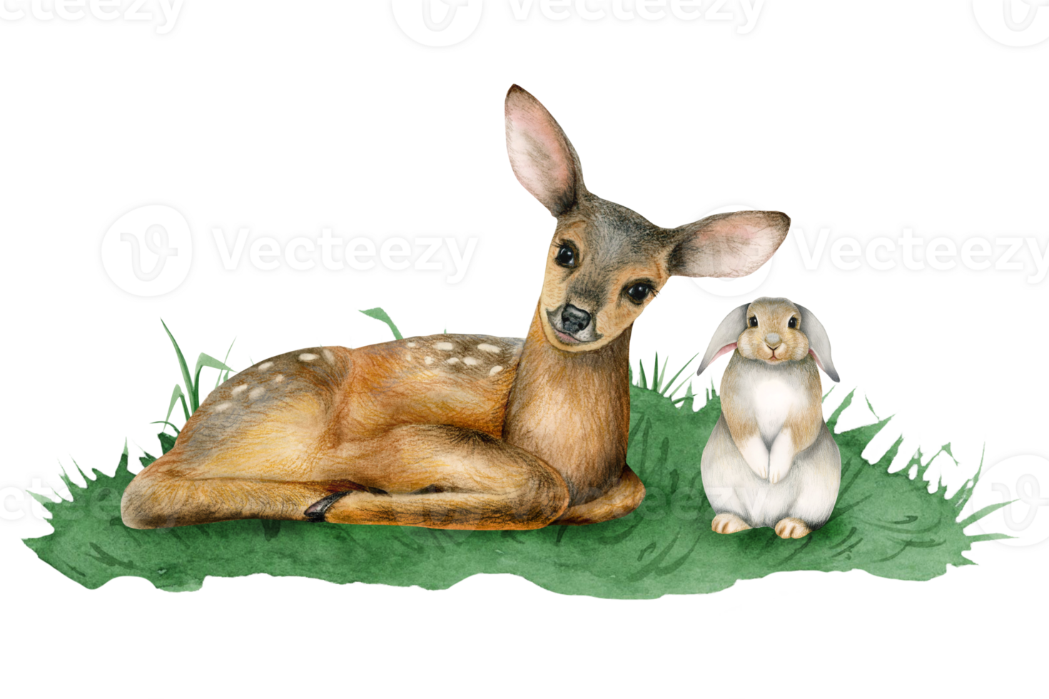 bébé cerf et lapin lapin sur vert herbe aquarelle illustration de mignonne forêt des bois animaux pour autocollants et garderie des gamins dessins png