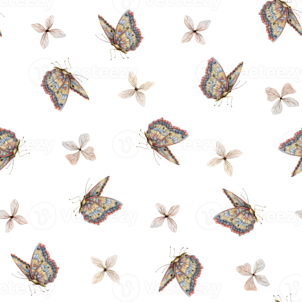 Watercolor butterflies and tiny beige flowers seamless pattern for summer and fall textiles, fabrics and designs png