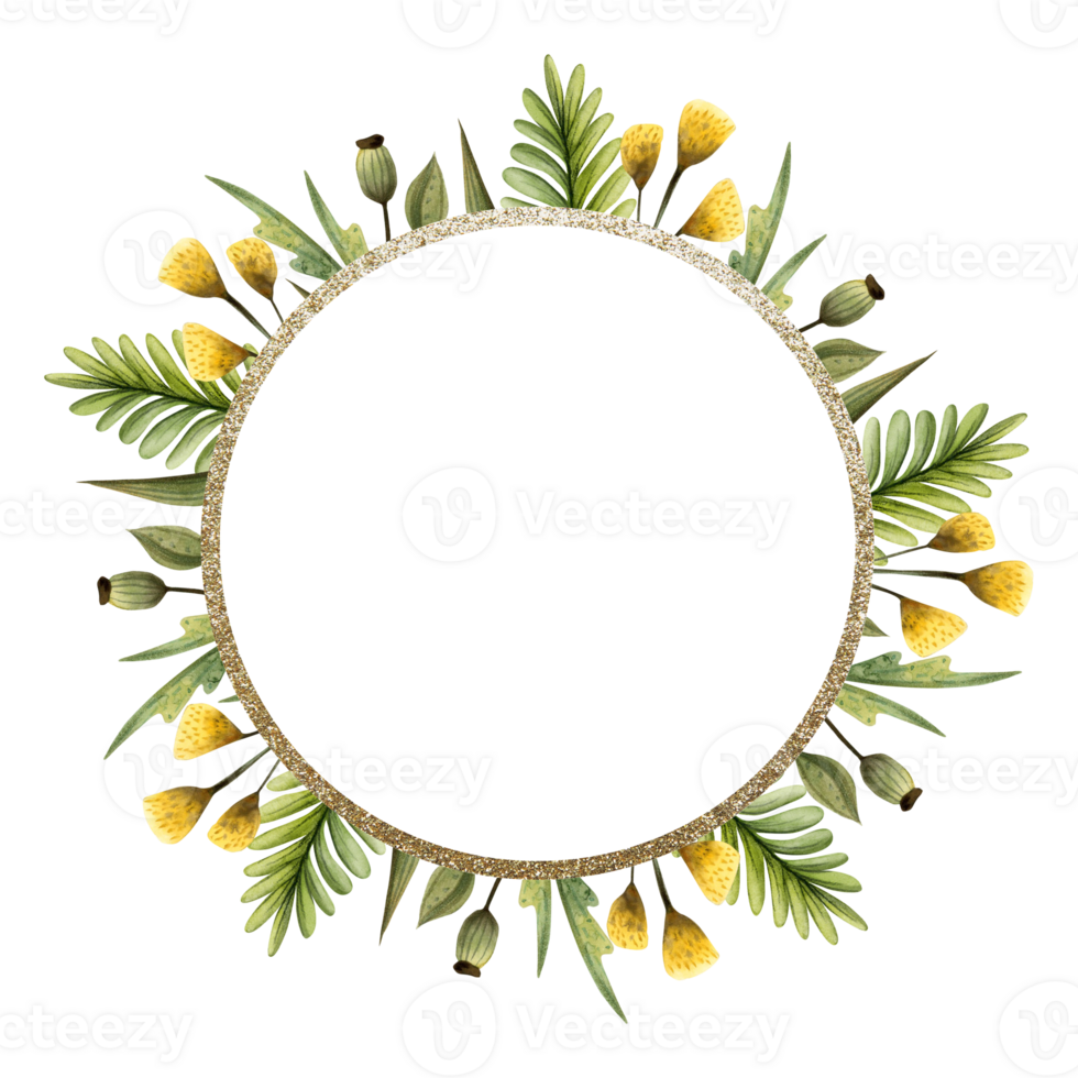 Field flowers, poppy seed box and grass watercolor wreath illustration. Green and yellow round frame template with gold border for stickers, circle designs png