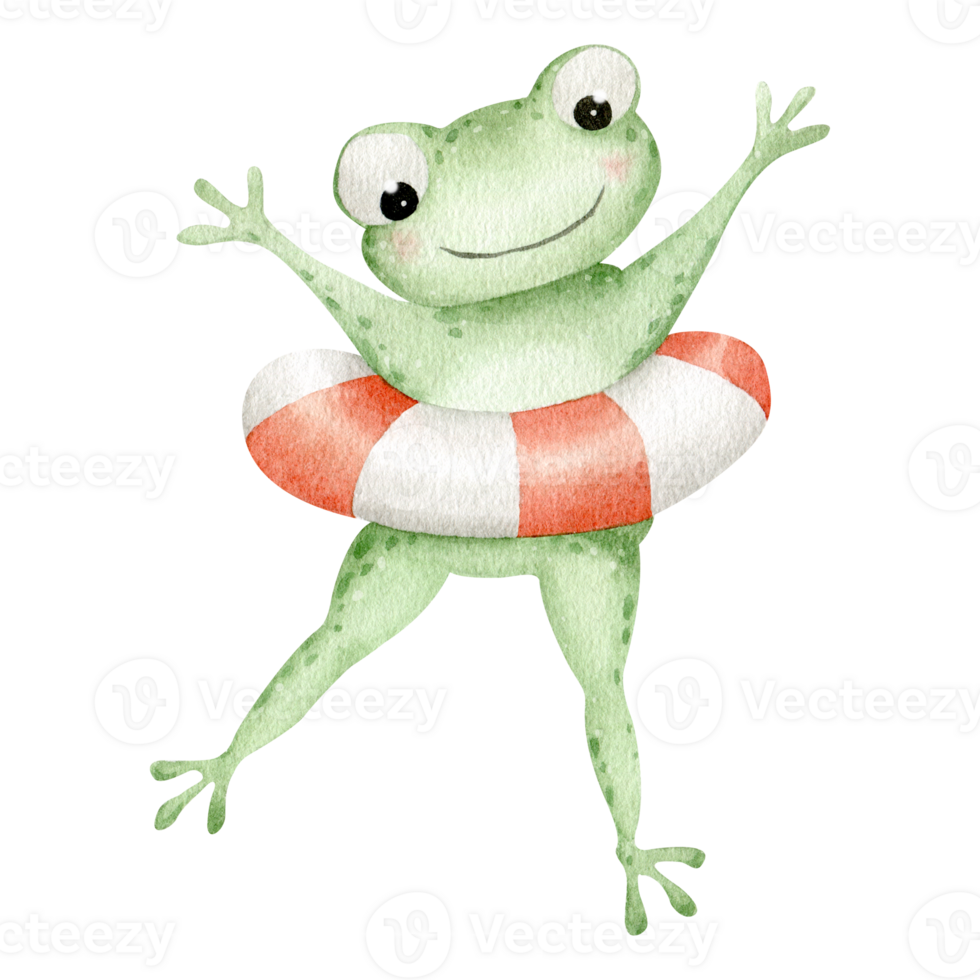 Cute frog with a swimming circle. The frog jumps. The frog character on the beach. Watercolor illustration. Isolated. For children's textiles, stationery, children's room png