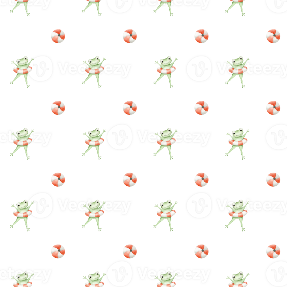 Cute frogs in swimming circles and beach inflatable balls. Watercolor seamless pattern. For baby shower, textiles, nursery decor, packaging, wrapping paper and scrapbooking png
