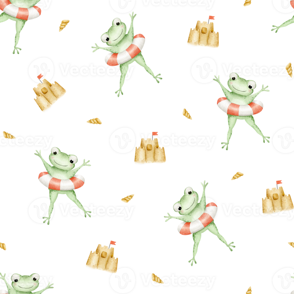 Cute froggy in a swimming circle, sandcastles and seashells. Watercolor seamless pattern. For baby shower, textiles, nursery decor, packaging, wrapping paper and scrapbooking png