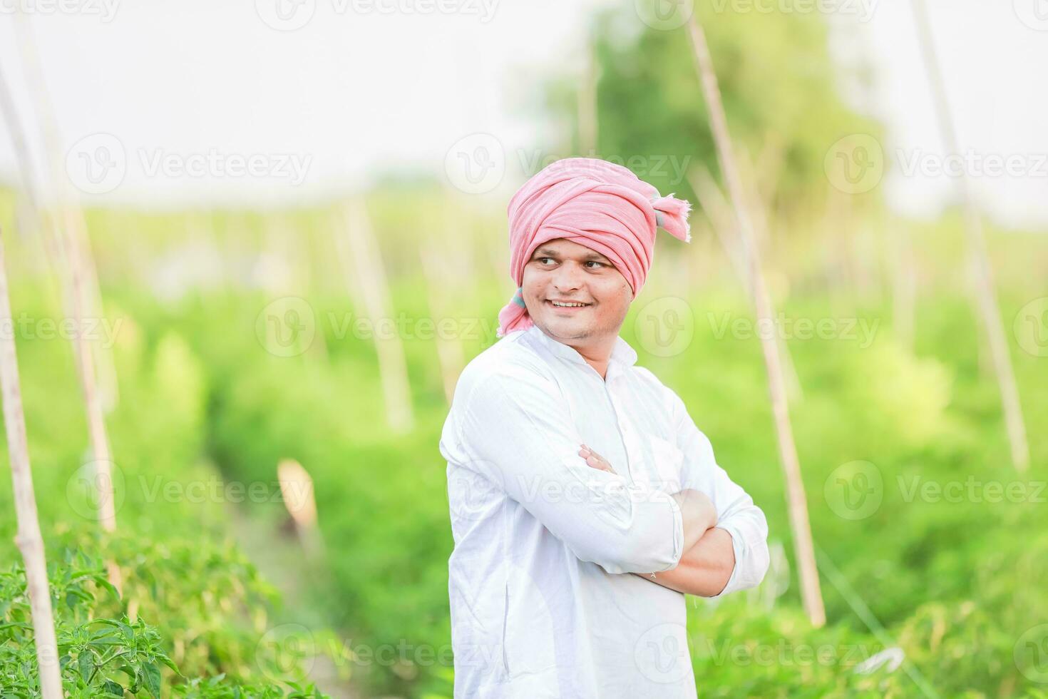 Young indian farmer showing Smart phone , Farmer talking on phone in farm, happy indian farmer photo