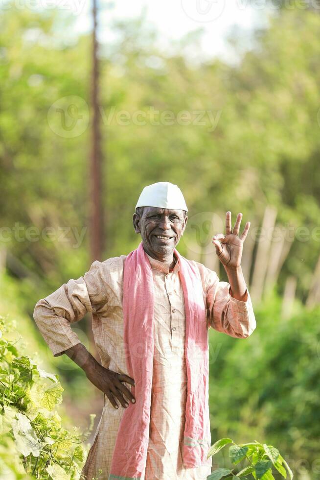 Indian farming Happy indian farmer standing in farm, farmer in farm photo