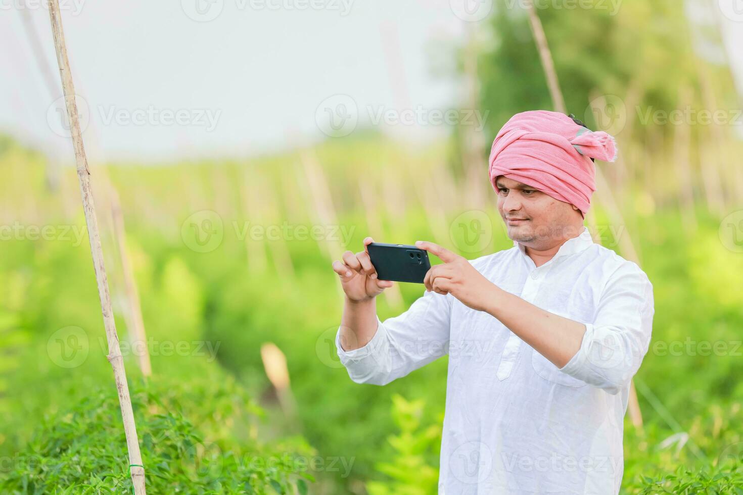 Young indian farmer showing Smart phone , Farmer talking on phone in farm, happy indian farmer photo