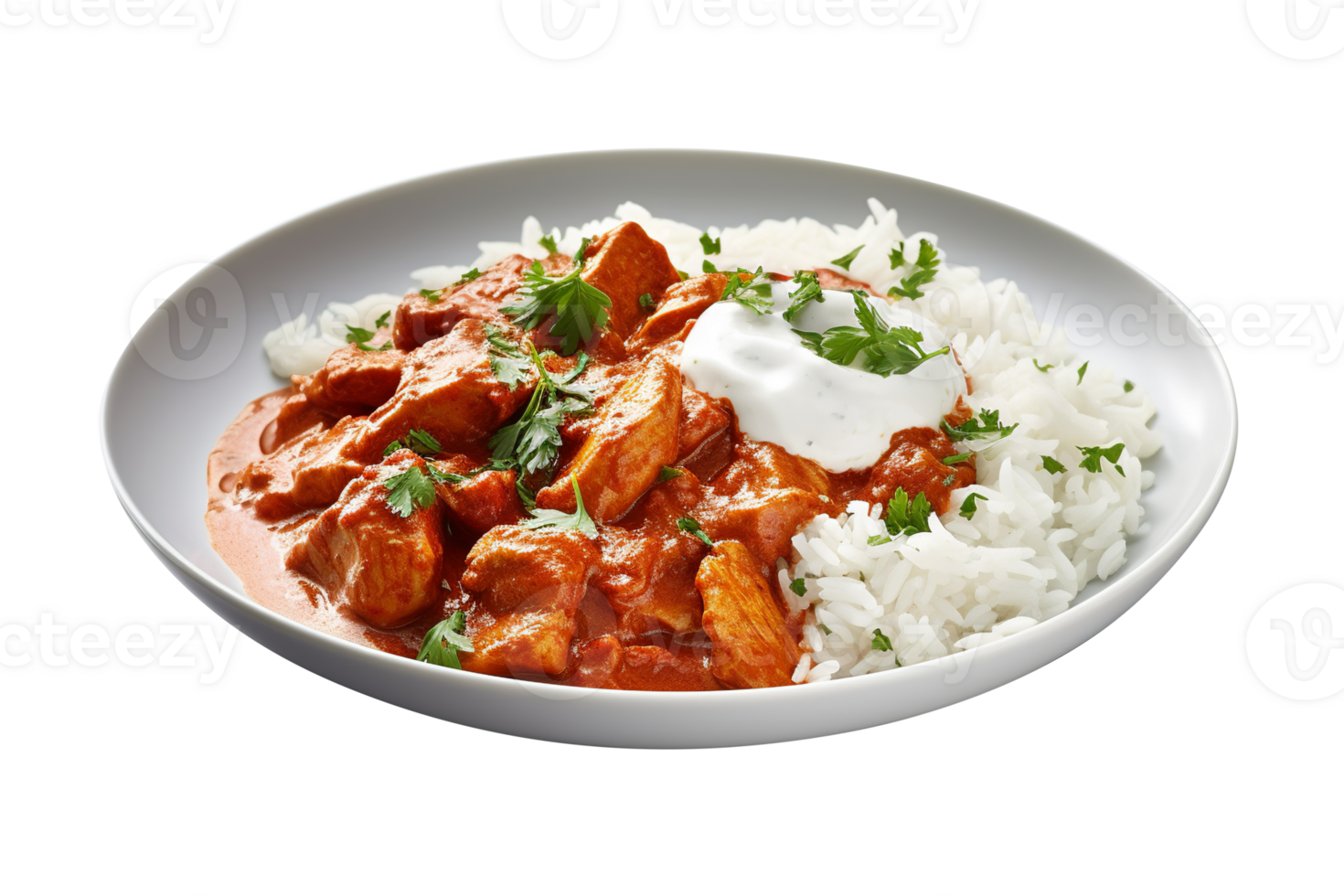 Fresh Indian butter chicken with rice isolated on transparent background png