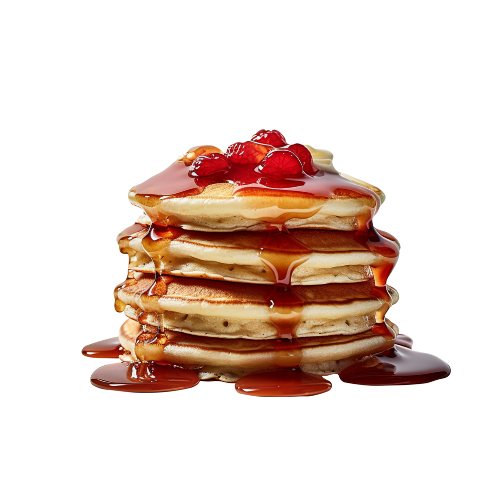 Fresh tasty pancakes with berries and syrup on transparent background png