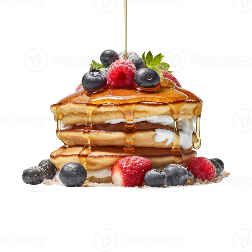 Fresh pancakes stack with berries and syrup on transparent background png