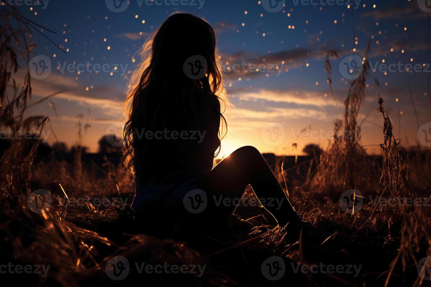 Silhoutte of girl looking into space on a field. photo