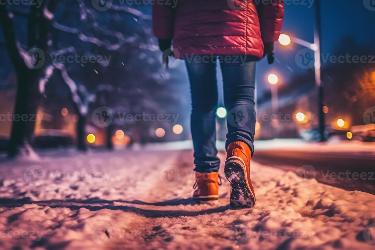 Back view of close up of a woman leg walking in snowy winter night park. photo