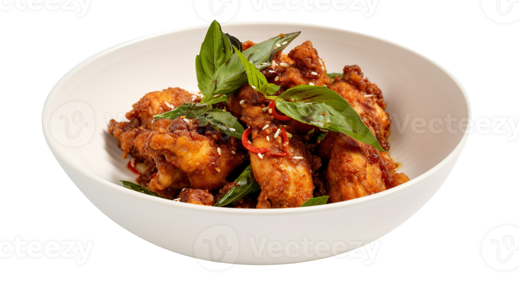 Tasty fried chicken with basil leaves isolated on transparent background png