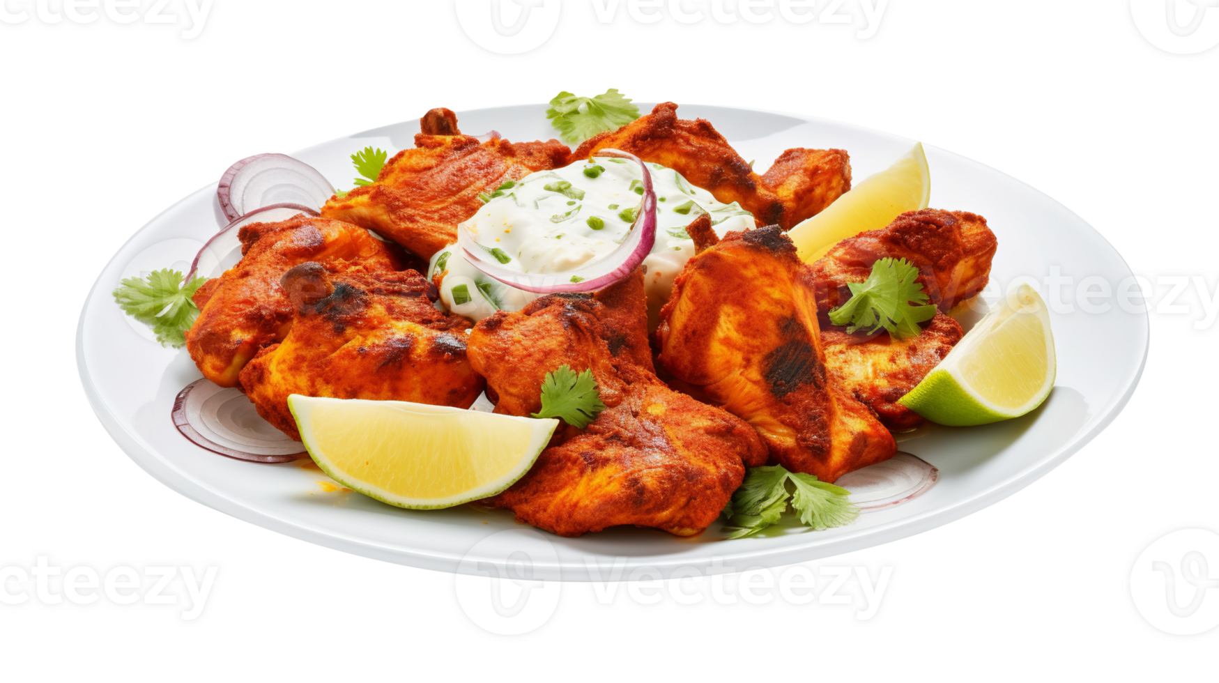 Tasty tandoori chicken plate isolated on transparent background png