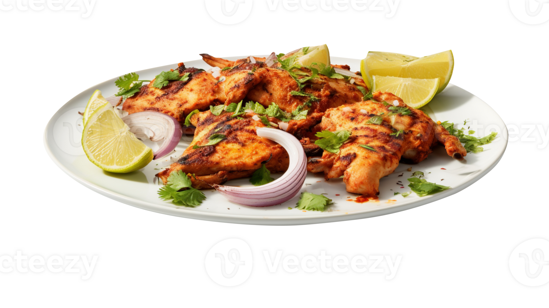 Tasty tandoori chicken plate isolated on transparent background png
