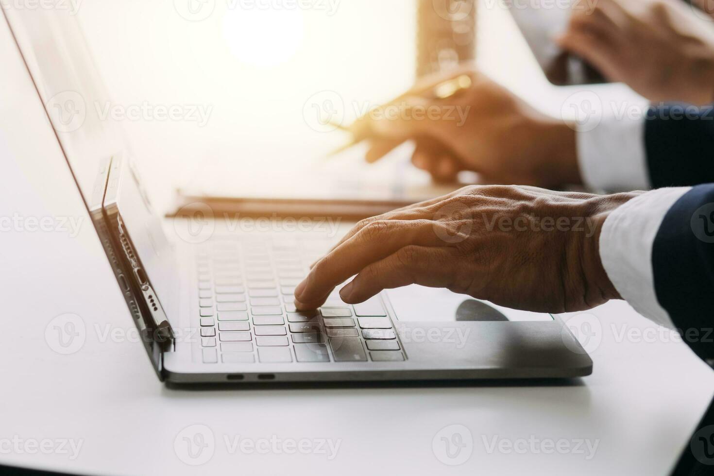 Audit concept,Administrator business man financial inspector and secretary making report calculating balance. Internal Revenue Service checking document. photo