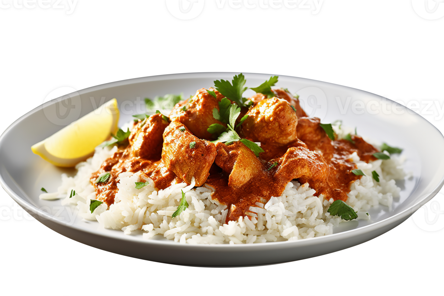 Fresh Indian butter chicken with rice isolated on transparent background png