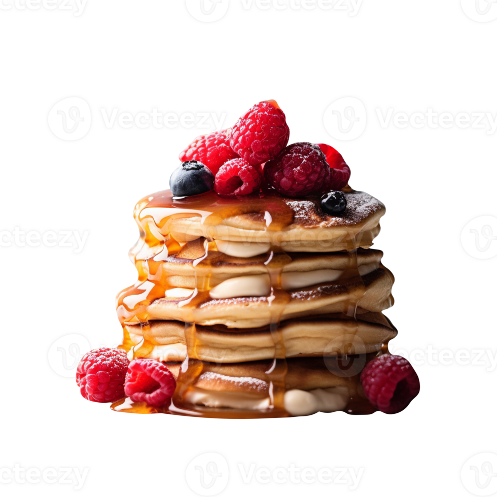 Fresh pancakes stack with berries and syrup on transparent background png