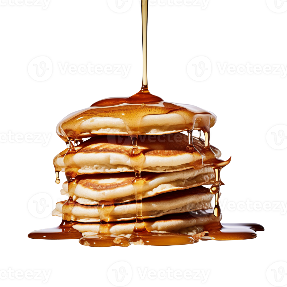 Stack of tasty pancakes with honey on transparent background png