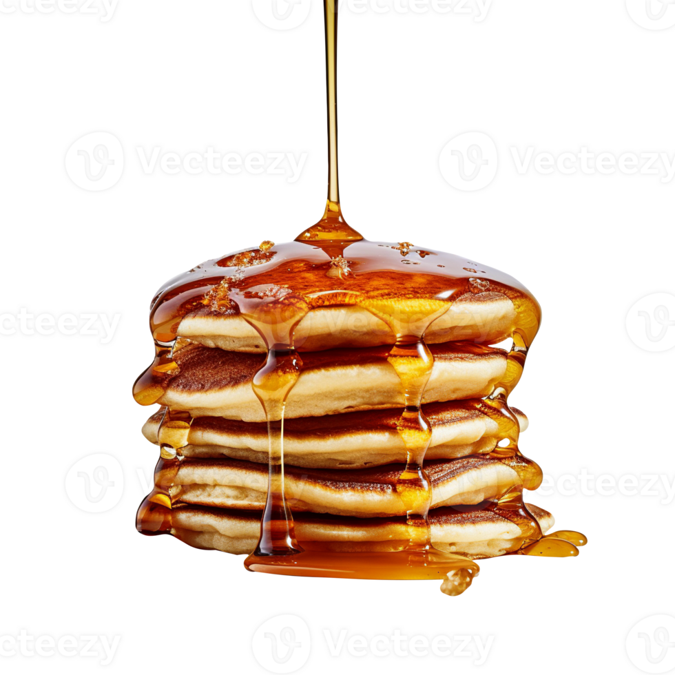 Stack of tasty pancakes with honey on transparent background png