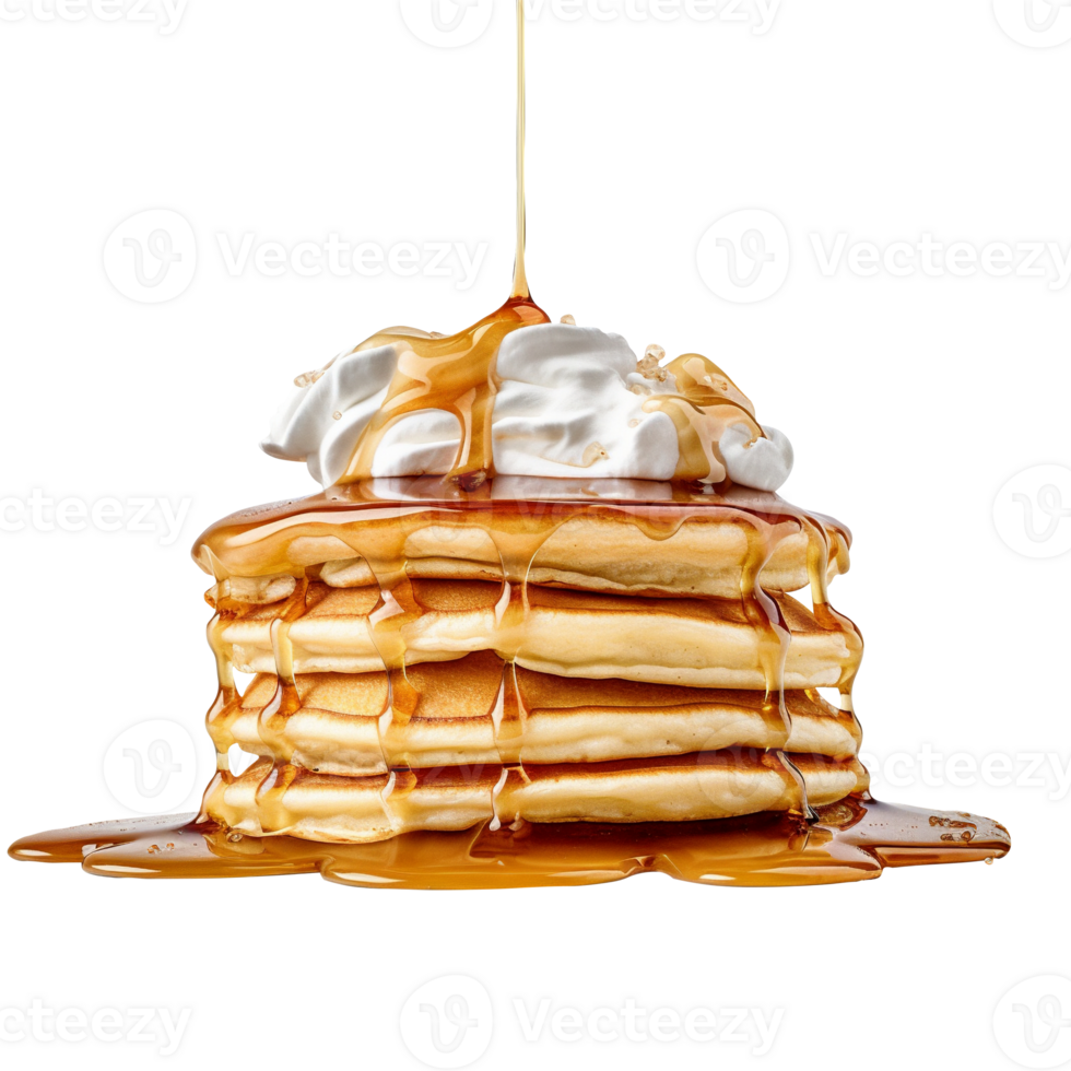 Stack of tasty pancakes with honey on transparent background png
