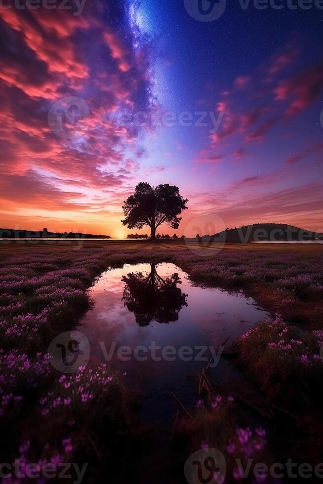 Dreamland's glowing lavender fields and iridescent forests bordering a serene. AI generative photo