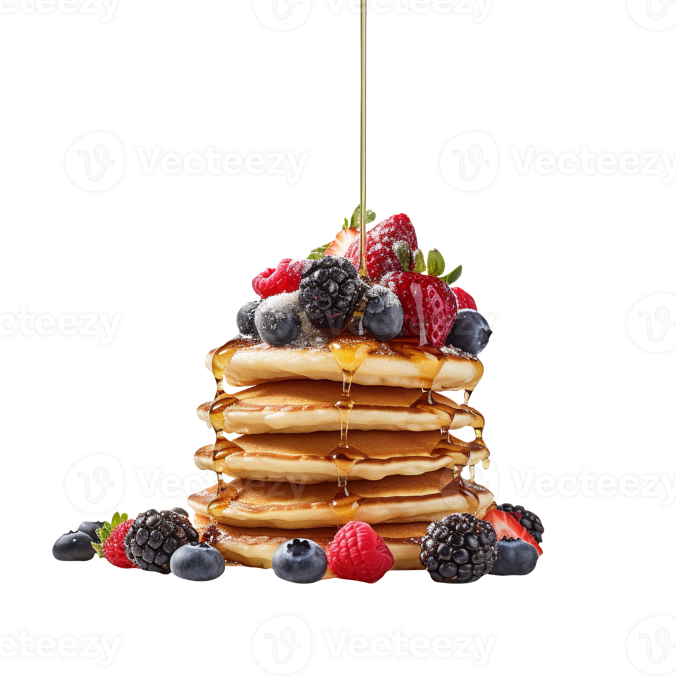 Fresh pancakes stack with berries and syrup on transparent background png