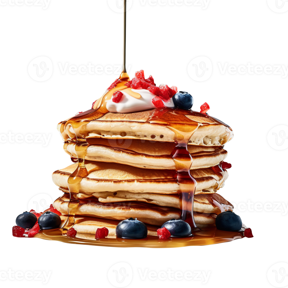 Fresh pancakes stack with berries and syrup on transparent background png