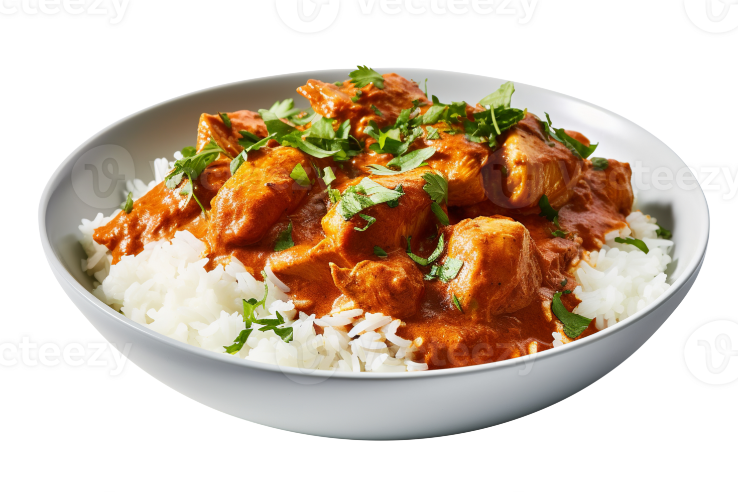 Fresh Indian butter chicken with rice isolated on transparent background png