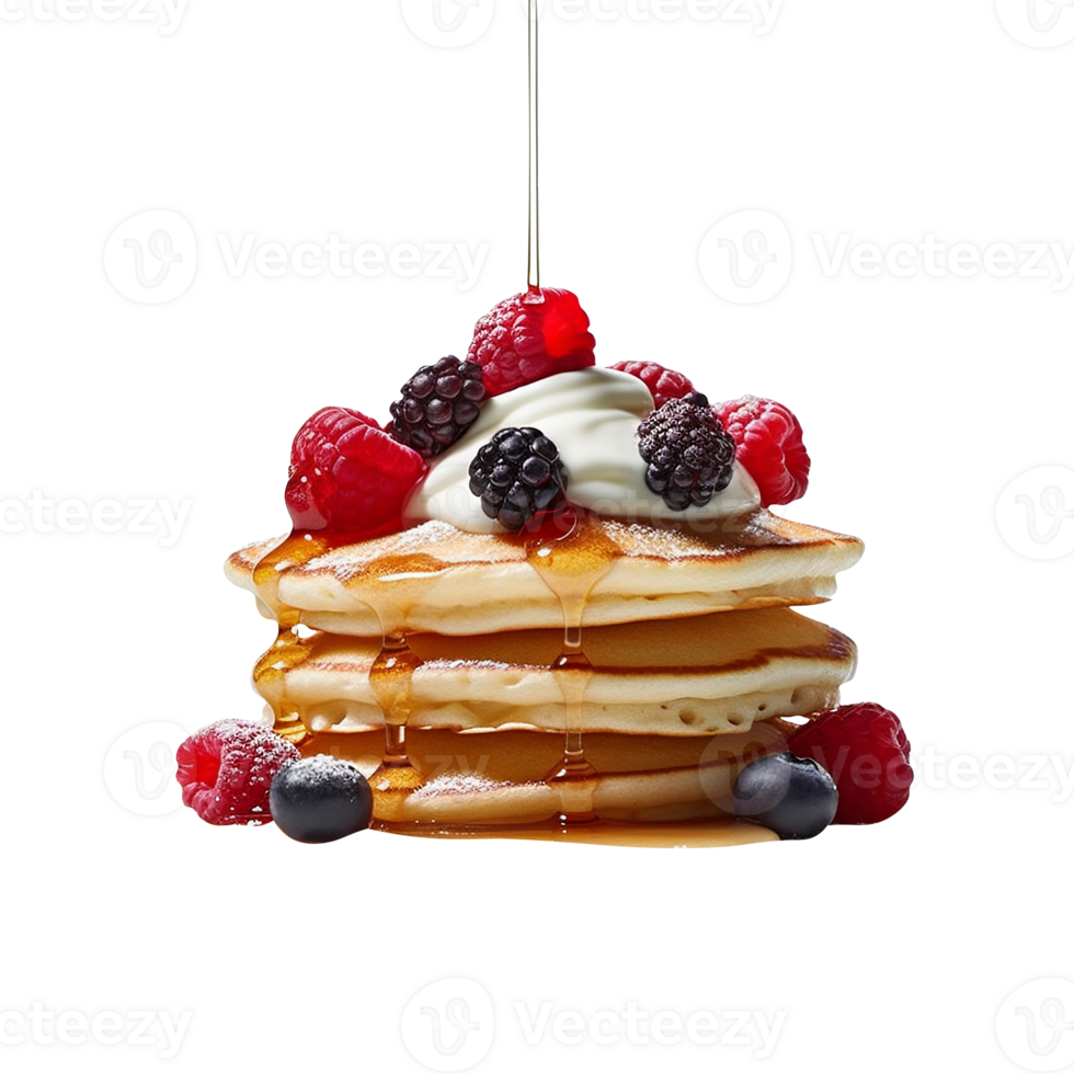 Fresh pancakes stack with berries and syrup on transparent background png