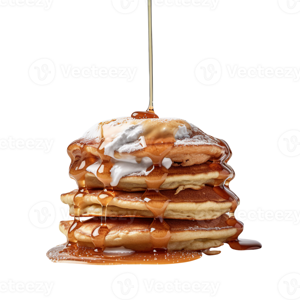 Stack of tasty pancakes with honey on transparent background png