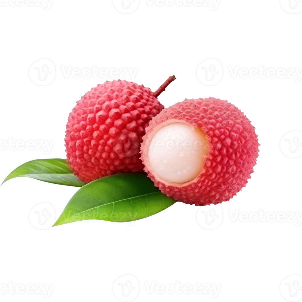 Fresh red lychees with leaf isolated on transparent background png
