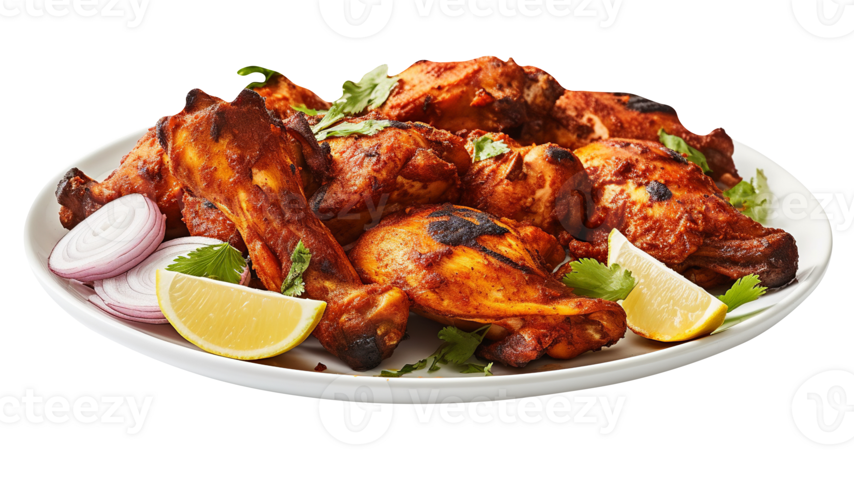 Tasty tandoori chicken plate isolated on transparent background png