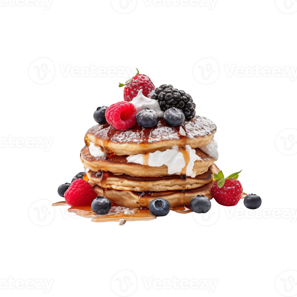Fresh pancakes stack with berries and syrup on transparent background png