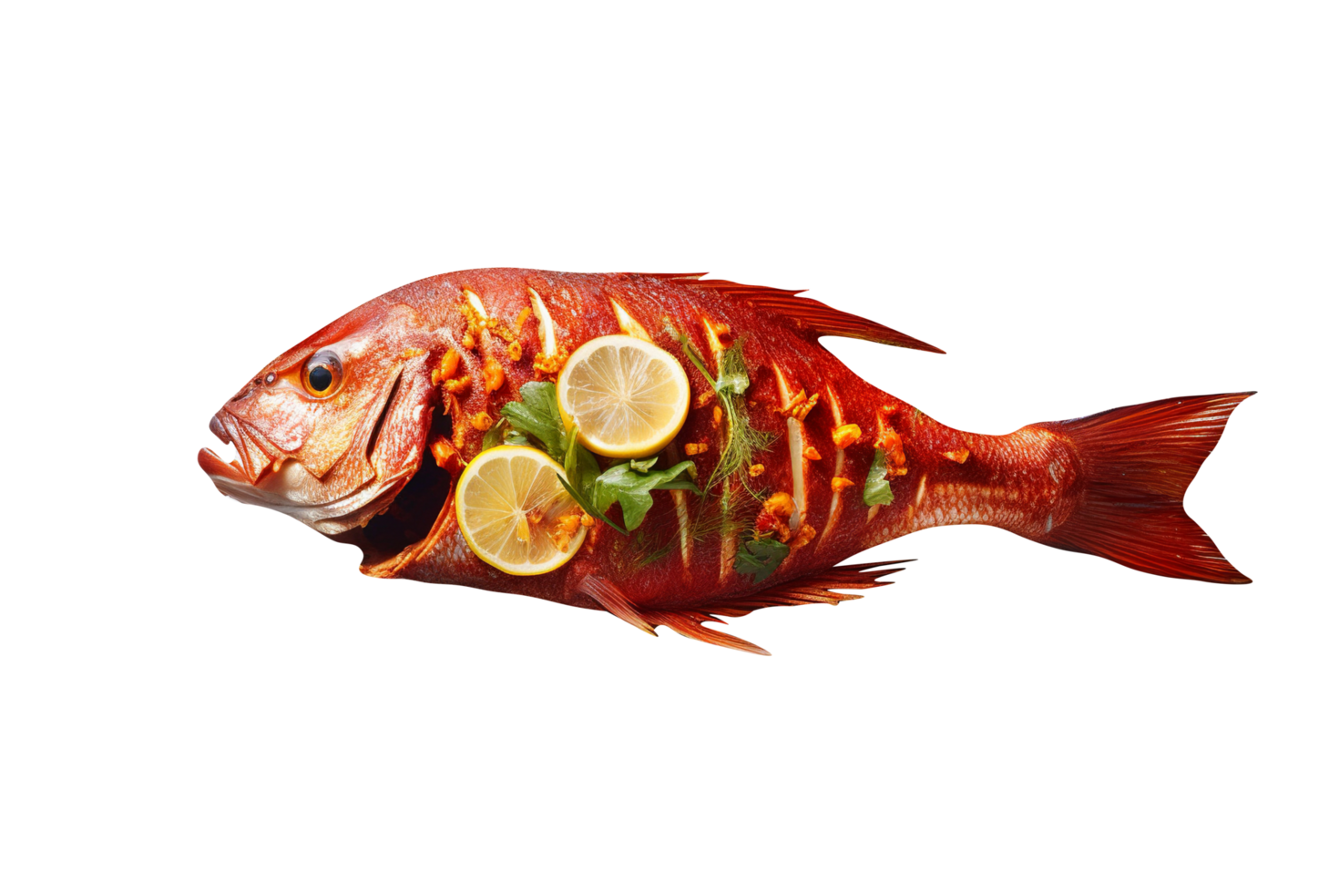 Fried fish carp and fresh lemon slice on transparent background png