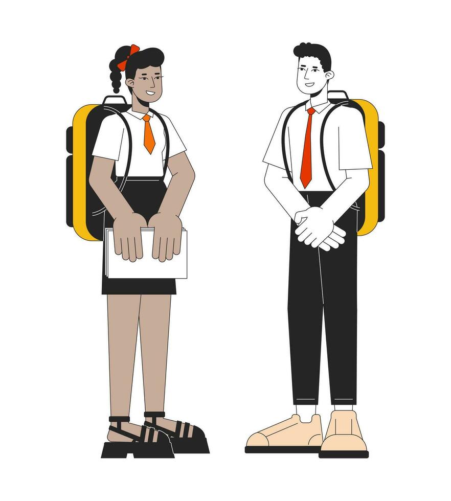 Teenagers in school uniform communicate flat line color vector characters. Editable outline full body education characters on white. Students simple cartoon spot illustration for web graphic design