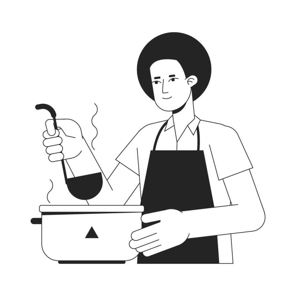 Man cooking flat line black white vector character. Editable outline half body young person holding ladle. Everyday activity simple cartoon isolated spot illustration for web graphic design