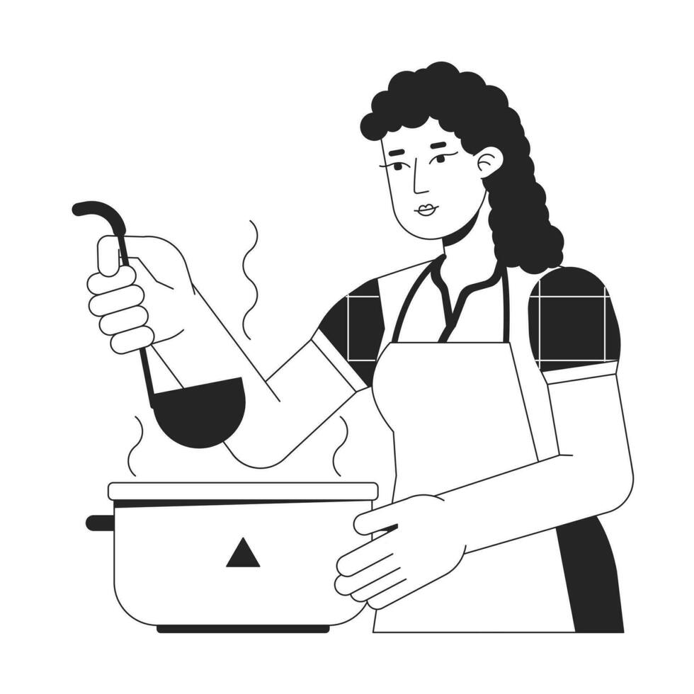 joven niña hacer cena plano línea negro blanco vector personaje. editable contorno medio cuerpo personaje cocinando. todos los días actividad sencillo dibujos animados aislado Mancha ilustración para web gráfico diseño