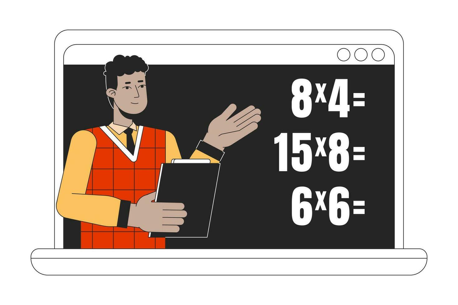 Math online lesson on laptop flat line color vector character. Editable outline half body of man explains math on white. Education character simple cartoon spot illustration for web graphic design