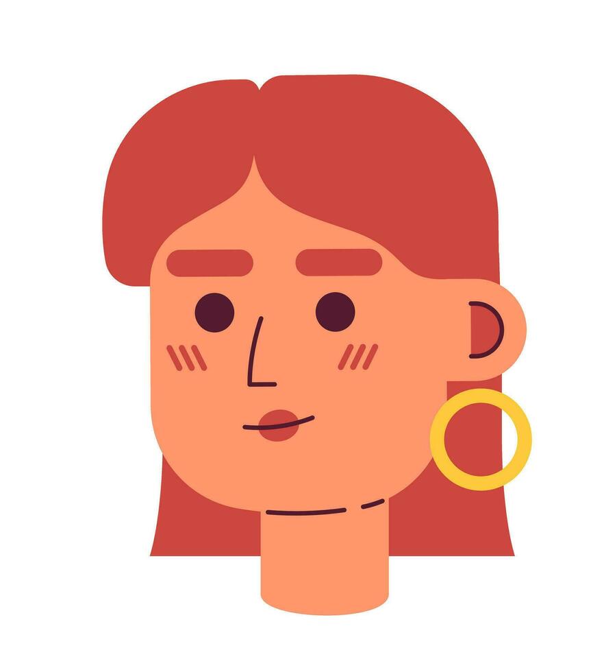 rojo peludo mujer semi plano vector personaje cabeza. editable dibujos animados avatar icono. hembra empresario con dorado arete. cara emoción. vistoso Mancha ilustración para web gráfico diseño, animación