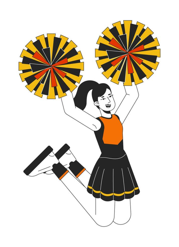 Cheerleader girl jumping flat line color vector character. Editable outline full body schoolgirl in uniform with cheerleading poms on white. Simple cartoon spot illustration for web graphic design