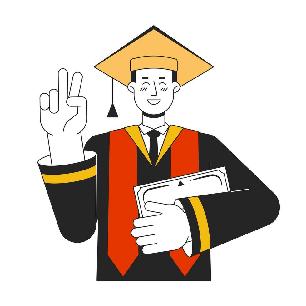 Graduate man in robe and academic cap flat line color vector character. Editable outline half body student show V sign on white. Education simple cartoon spot illustration for web graphic design
