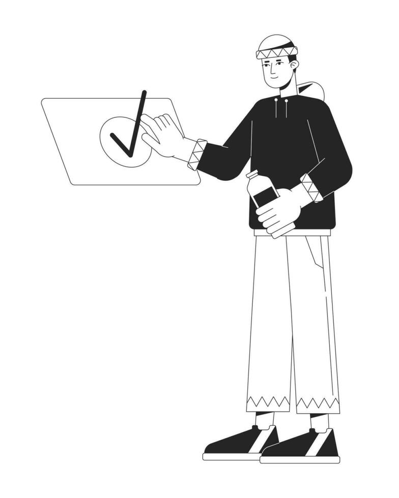 Man near check mark flat line black white vector character. Editable outline full body active person. Everyday activities simple cartoon isolated spot illustration for web graphic design