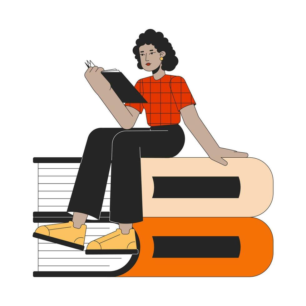 linda africano americano niña leyendo libro plano línea concepto vector Mancha ilustración. ocupado estudiante 2d dibujos animados contorno personaje en blanco para web ui diseño. editable aislado vistoso héroe imagen