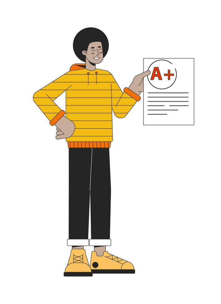 africano americano estudiante espectáculo blanco con marca plano línea color vector personaje. editable contorno lleno cuerpo educación personaje en blanco. sencillo dibujos animados Mancha ilustración para web gráfico diseño