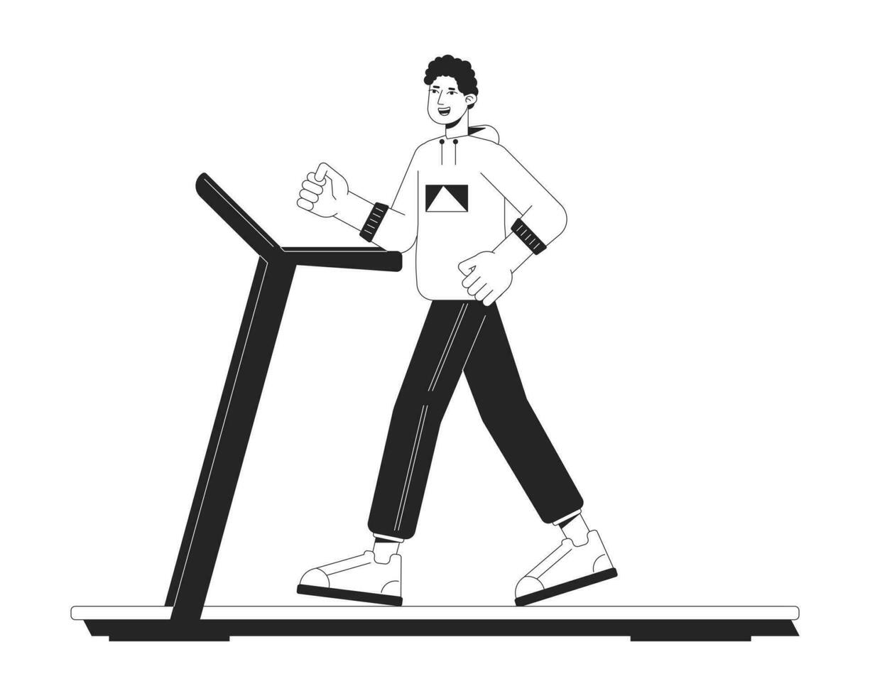 Sportsman run on treadmill flat line black white vector character. Editable outline full body of active man. Sport in gym simple cartoon isolated spot illustration for web graphic design