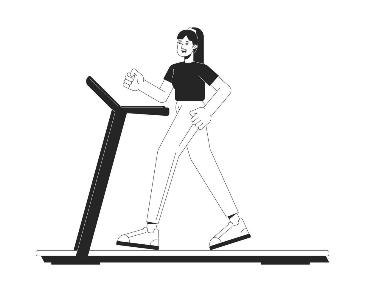 niña correr en rueda de andar plano línea negro blanco vector personaje. editable contorno lleno cuerpo deportista. deporte en gimnasio sencillo dibujos animados aislado Mancha ilustración para web gráfico diseño