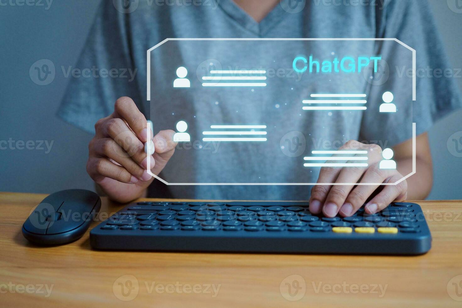 ChatGPT Chat with AI or Artificial Intelligence Woman chatting with an intelligent AI using a Chatbot developed by Open AI. photo