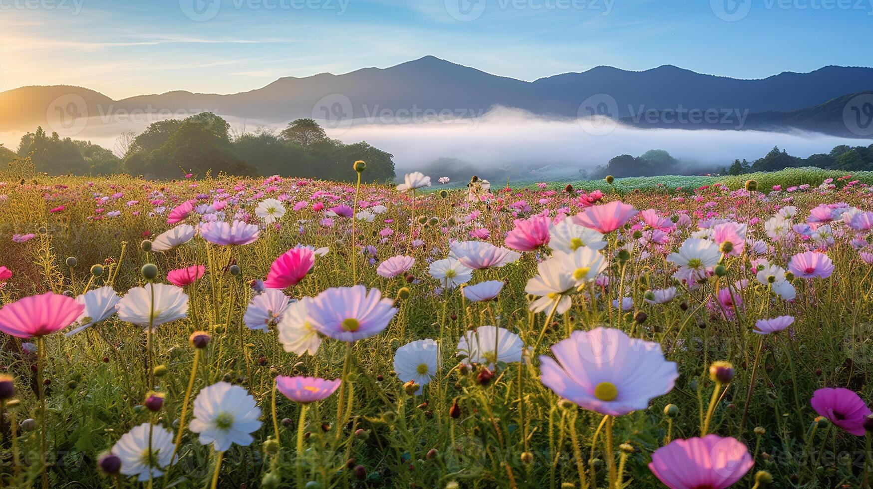 Beautiful colorful flower cosmos fields with blur mountain background. photo