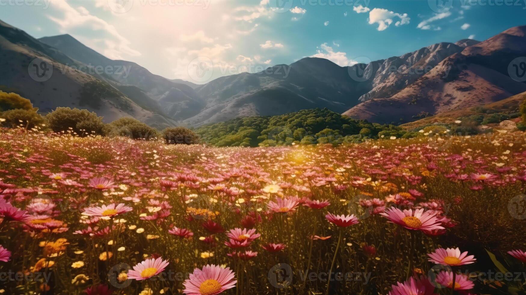 Beautiful colorful flower cosmos fields with blur mountain background. photo