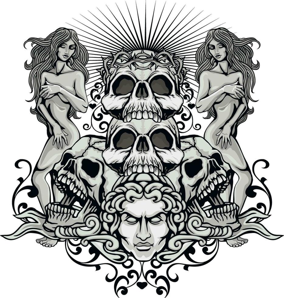 Signo gótico con calavera, camisetas de diseño vintage grunge vector