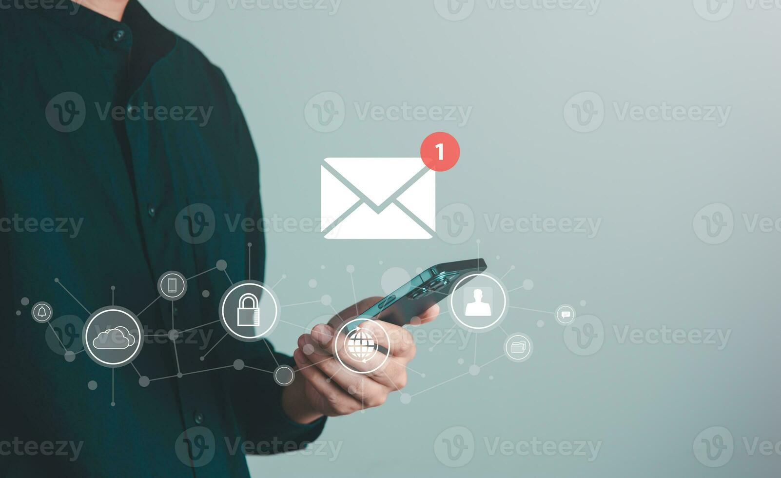 Businessman got the email message from smart phone. Information technology and network concept. photo